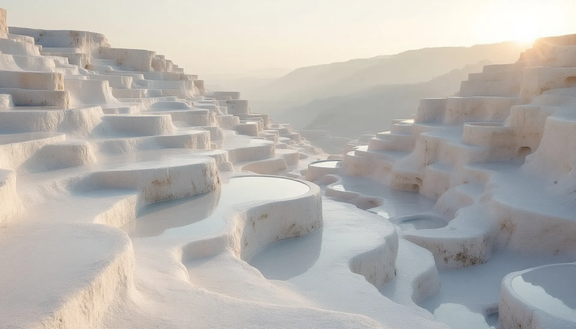 Ivory travertine terraces and still pools at first light under the FundIvory request form for $100 to $5,000